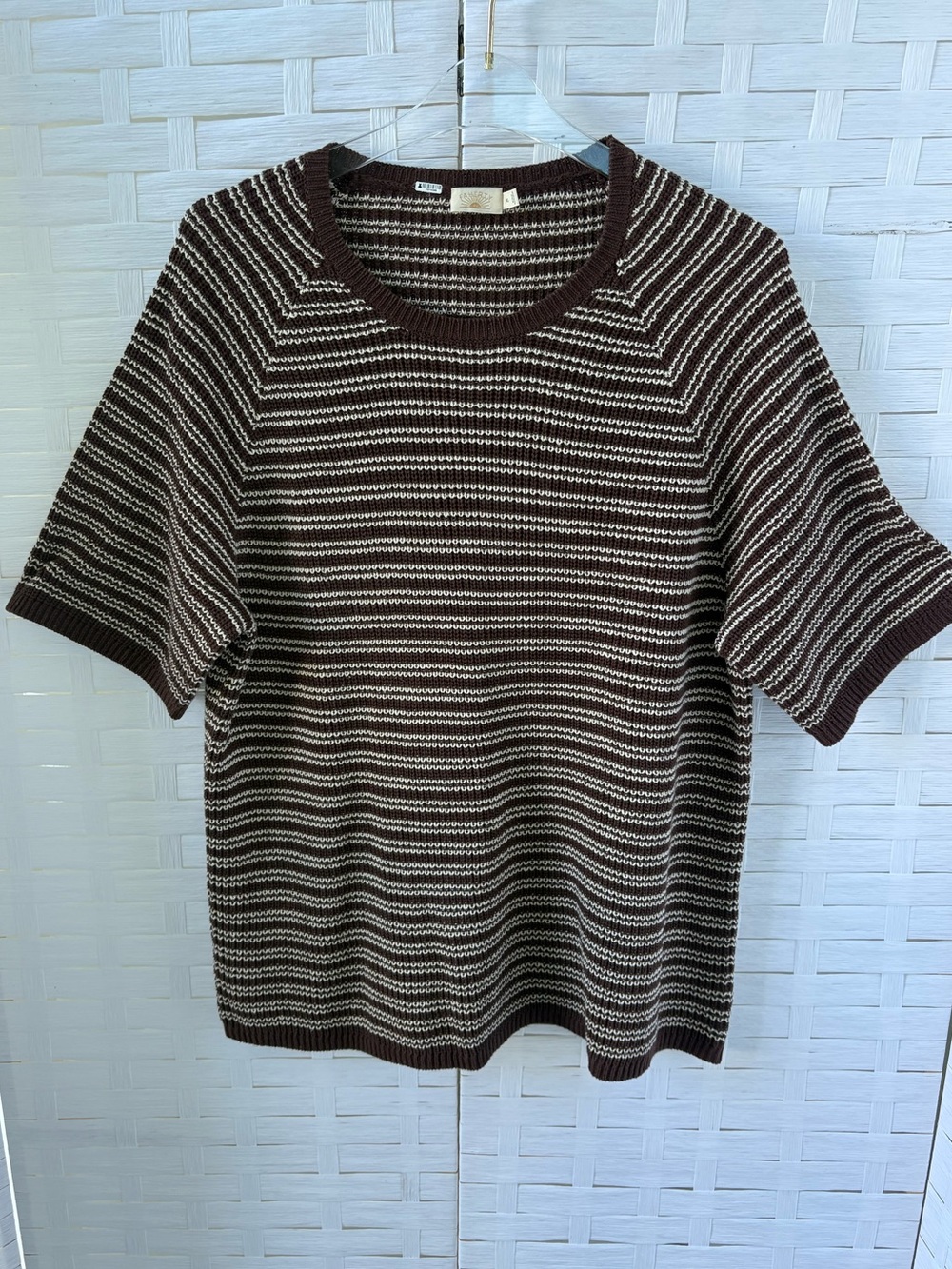 Faherty Women XL Brown Cream Striped Short-Sleeve Crewneck Linen Cotton Sweater